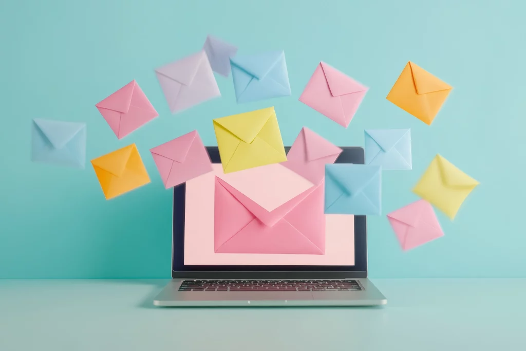 concepto de marketing por correo electronico de comercio electronico con portatil y sobres de colores en un telon de fondo pastel