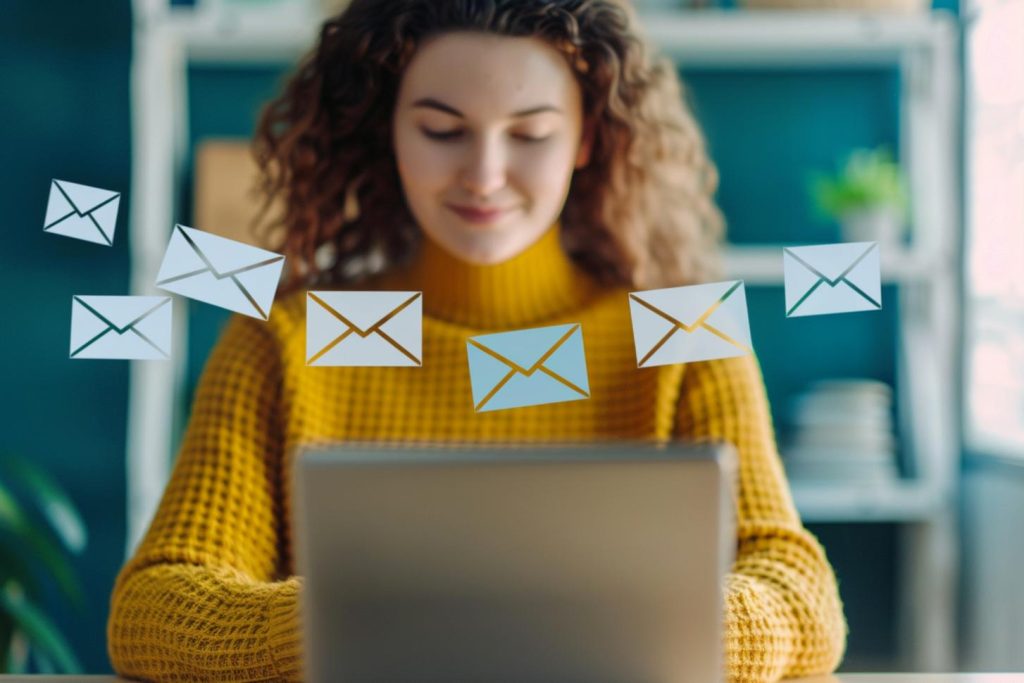 ¿Qué es la Consultoría en email marketing avanzado? 2 ¿Qué es la Consultoría en email marketing avanzado? mujer arafed sentada en una mesa con una computadora portatil y un monton de correos volando fuera de su ai generativa